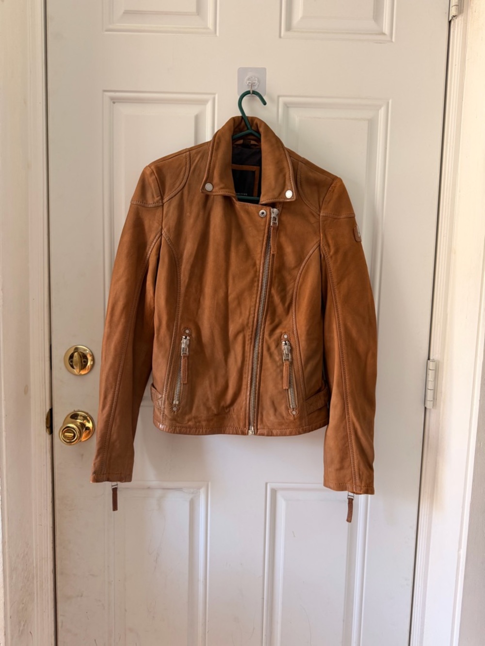 Women’s Leather Moto Jacket in Tan - Sleek Asymmetrical Zip